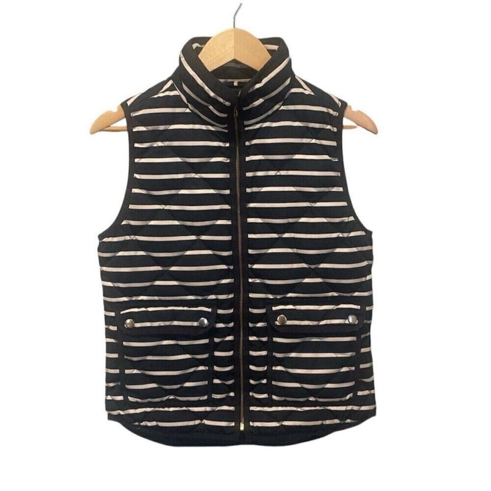J.Crew Navy Blue White Stripe Zip Quilted Puffer Vest Down Snap Pocket Sz Xsmall